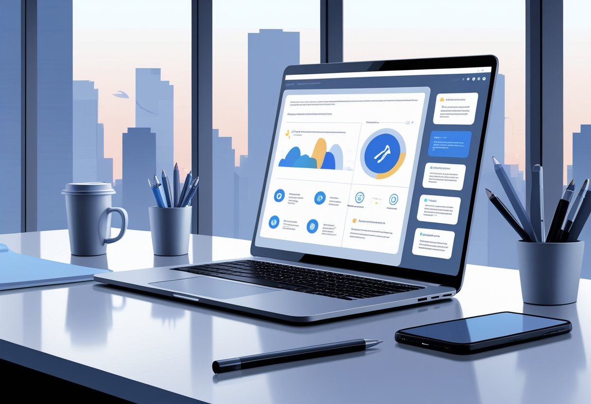 A modern office desk with a laptop showing an abstract AI meeting notes interface, surrounded by office items and a window with a city view.