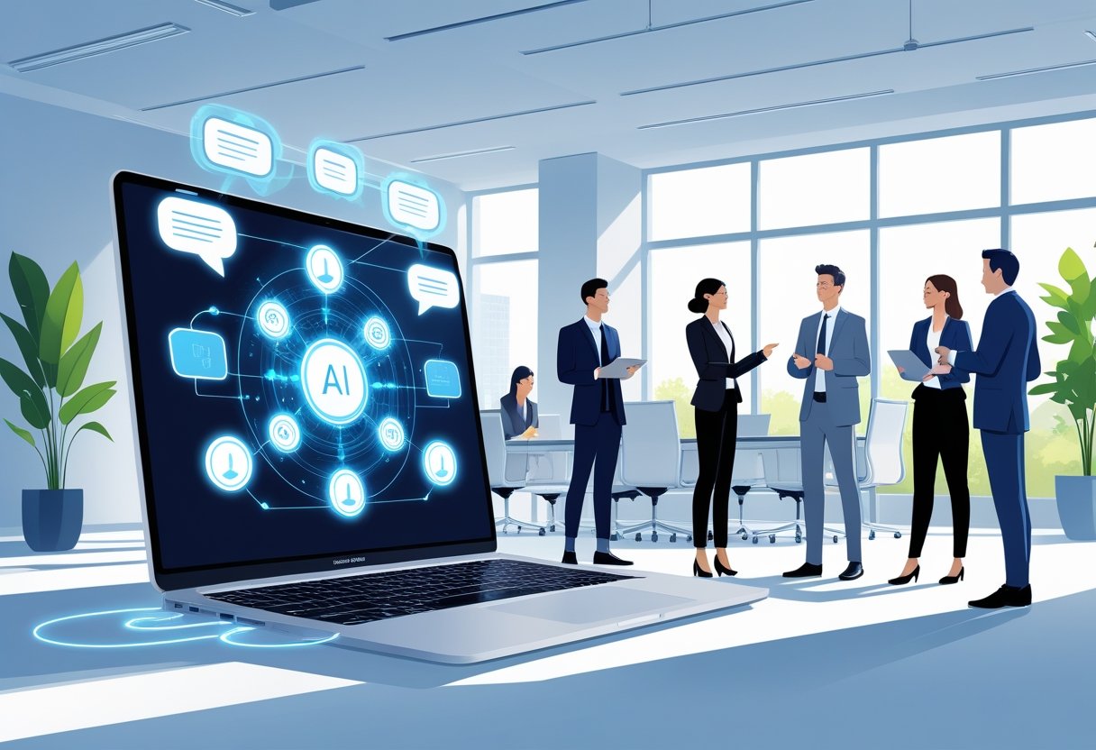 A group of professionals in a conference room using digital devices with a laptop showing AI-related icons and notes, representing AI-assisted meeting note taking.