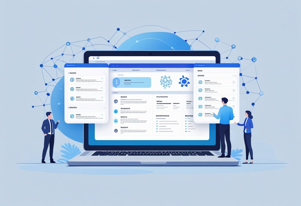 A workspace with a laptop showing an organized meeting notes interface surrounded by abstract AI-themed graphics and faint outlines of people collaborating.
