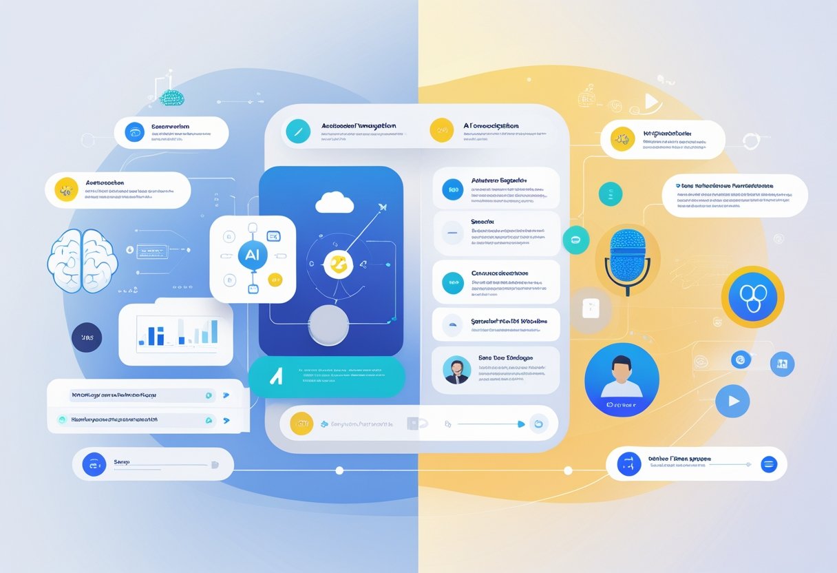 A split illustration comparing AI note-taking tools and Otter.ai, showing digital note interfaces, transcription features, microphones, and waveform graphics.