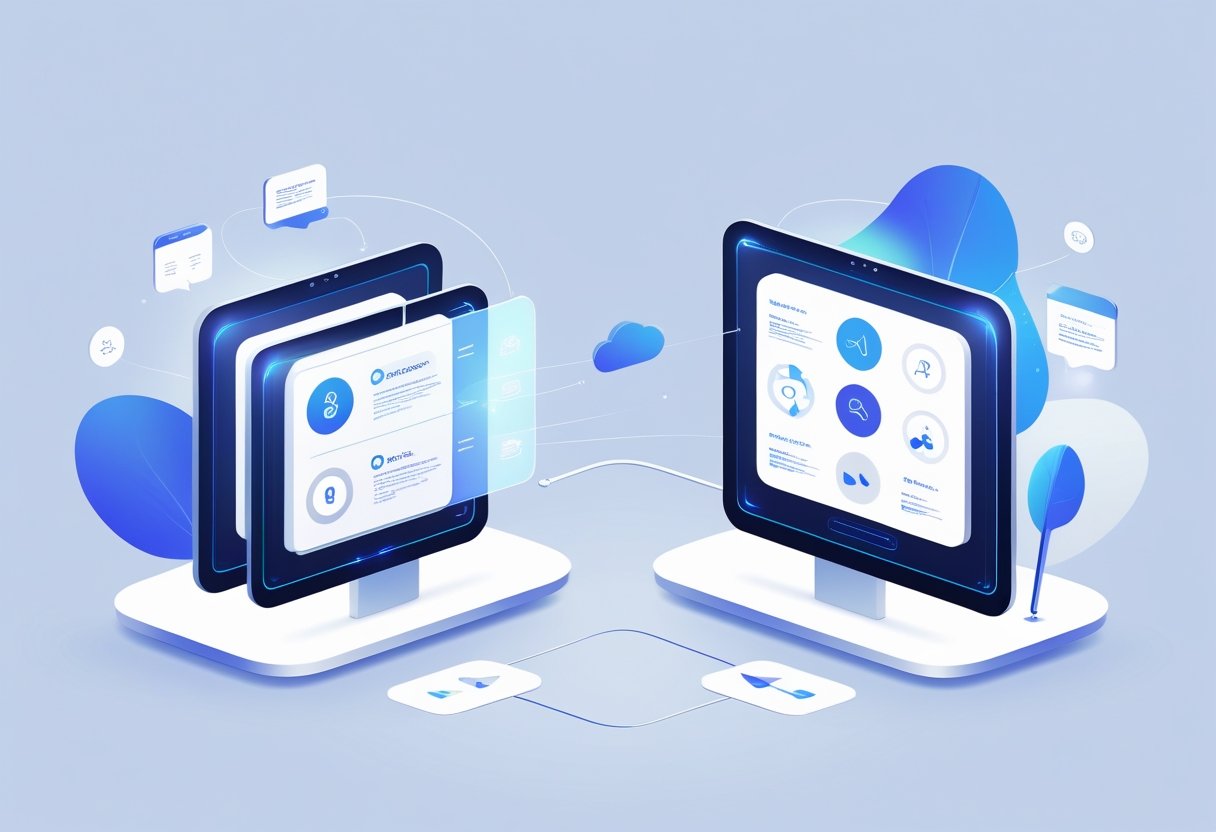 Two digital screens side by side showing icons and symbols representing the features of AI note-taking and Otter.ai, highlighting a comparison of their core capabilities.