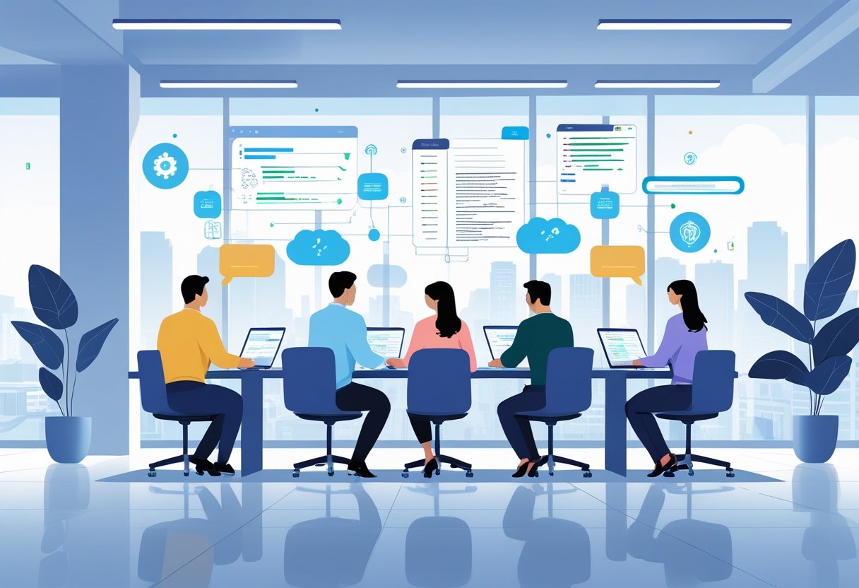 A group of people working together remotely using laptops and tablets with floating digital notes and icons around them in a modern office setting.