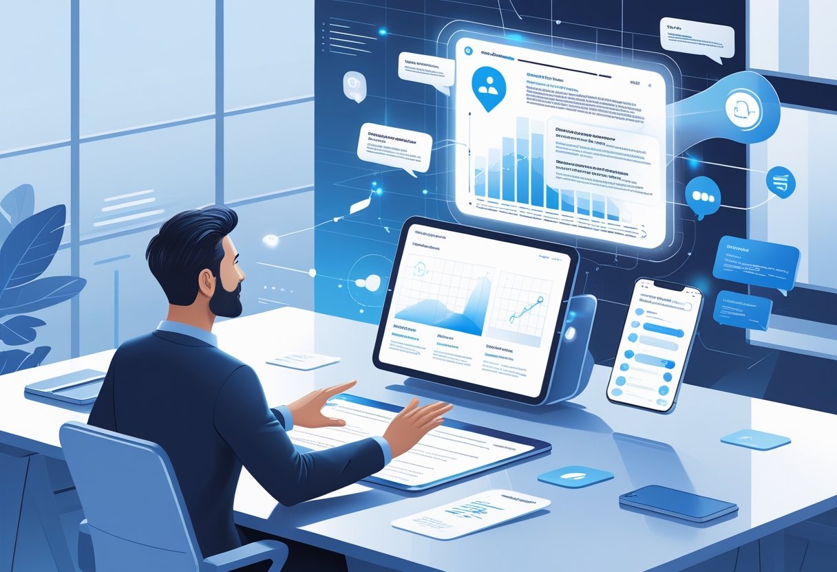 A person interacting with a holographic digital assistant projecting floating notes and data streams above a futuristic tablet in a modern workspace.