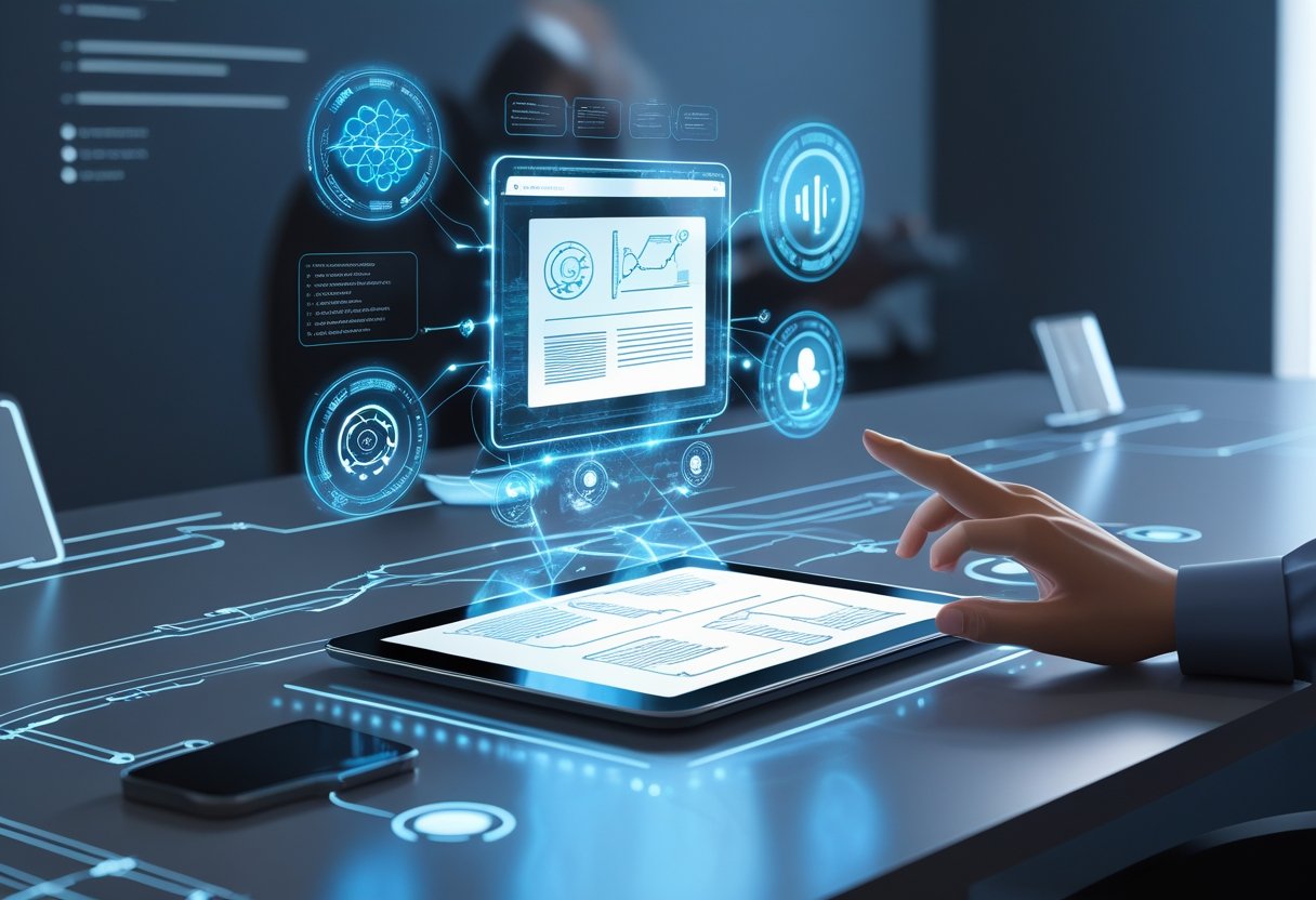 A person interacting with a transparent digital tablet displaying floating holographic notes and AI-related icons in a futuristic workspace.