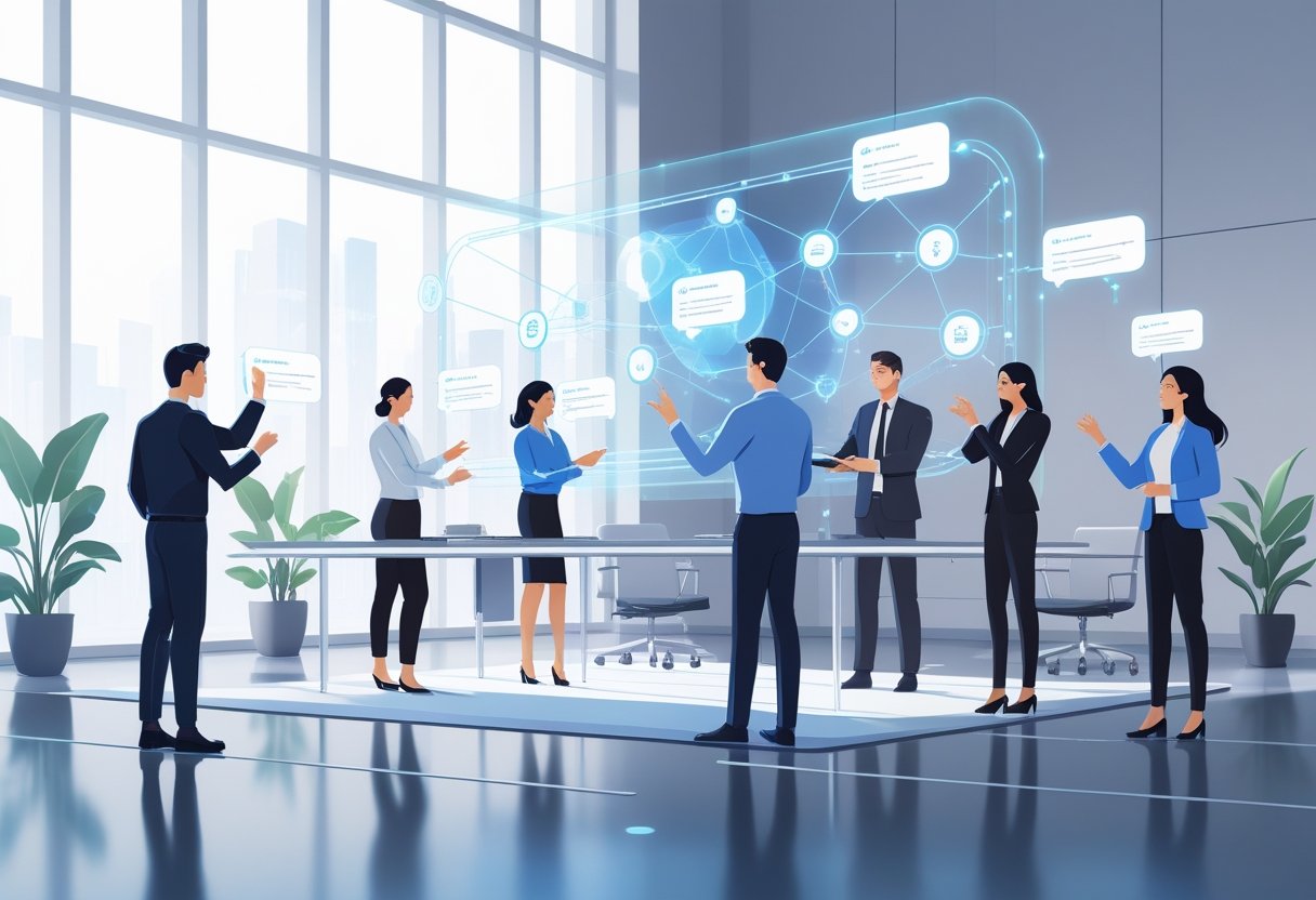 A futuristic digital workspace with people interacting with holographic note-taking tools and icons representing AI features and collaboration.