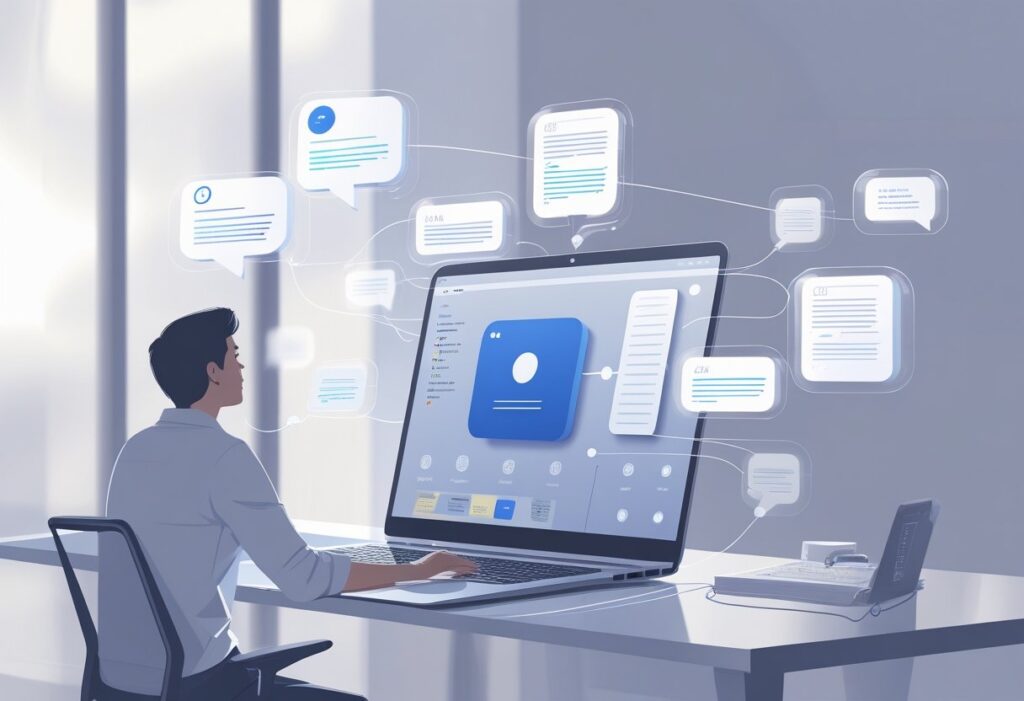 A person speaking at a desk with a laptop that displays AI technology transcribing and organizing notes automatically.