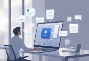 A person speaking at a desk with a laptop that displays AI technology transcribing and organizing notes automatically.