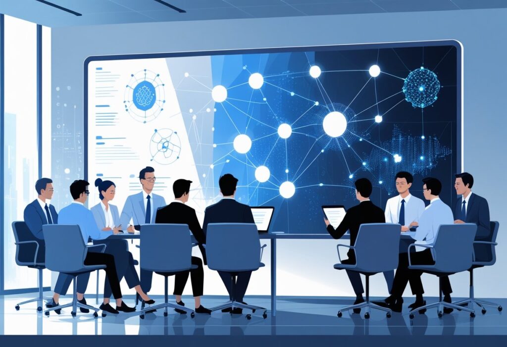 A group of business professionals in a meeting room looking at a large digital screen showing abstract AI graphics while using laptops and tablets.