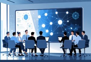 A group of business professionals in a meeting room looking at a large digital screen showing abstract AI graphics while using laptops and tablets.