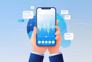 A hand holding a smartphone showing sound waves and digital elements representing speech being converted to text.