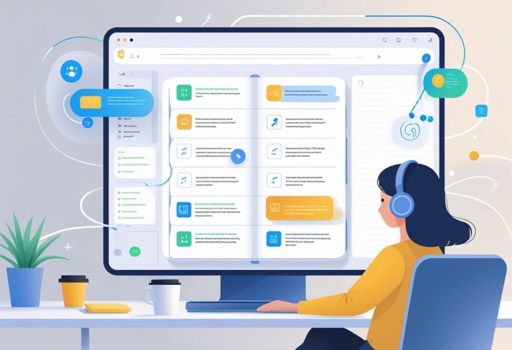 A person using a tablet at a desk with a digital note-taking app open, surrounded by subtle glowing elements representing AI technology.