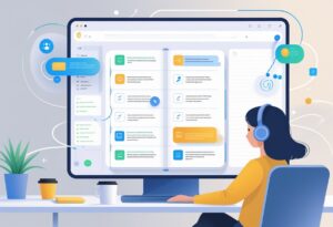 A person using a tablet at a desk with a digital note-taking app open, surrounded by subtle glowing elements representing AI technology.