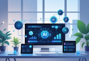 A modern workspace with digital devices showing AI interfaces and symbols representing productivity and collaboration.