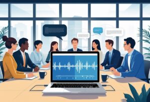 People sitting around a conference table in an office with a laptop showing audio waves and transcription visuals, representing meeting transcription software.