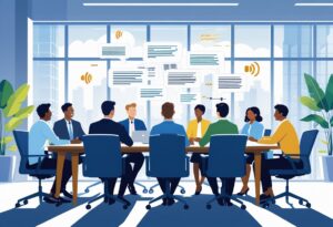 A group of people sitting around a conference table in an office, with a laptop displaying real-time transcription and visual elements indicating audio capture.