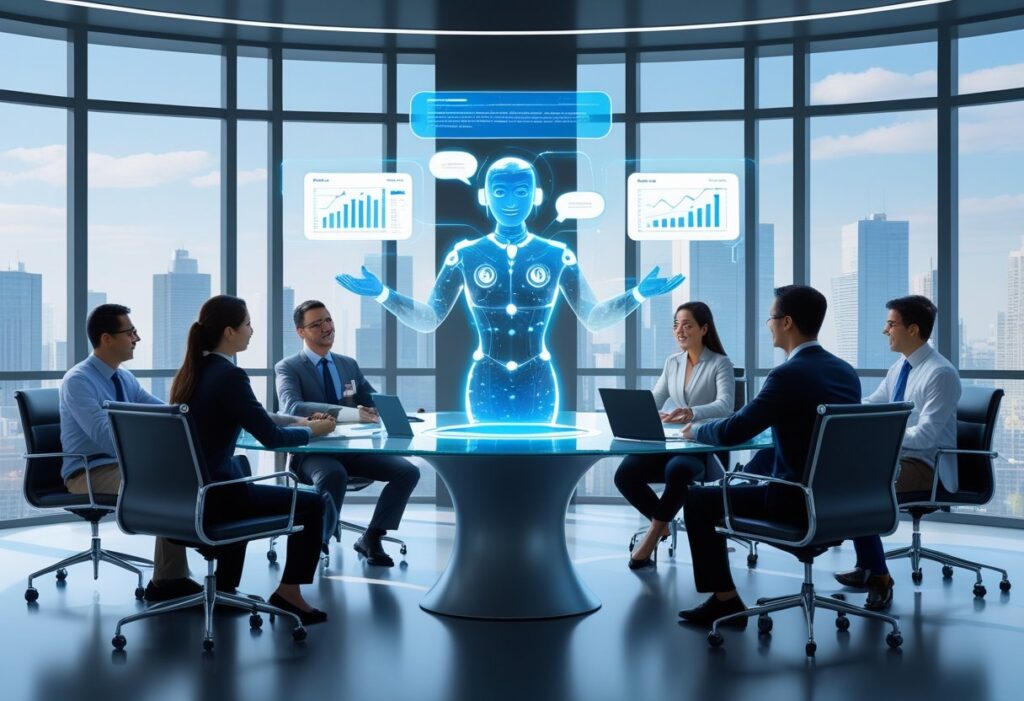 A group of business professionals in a conference room interacting with a holographic AI assistant projecting charts and information above a glass table.