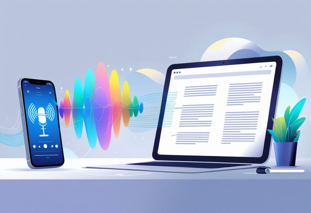 A digital workspace showing sound waves moving from a smartphone to a laptop screen where text appears, representing voice notes being converted to text.