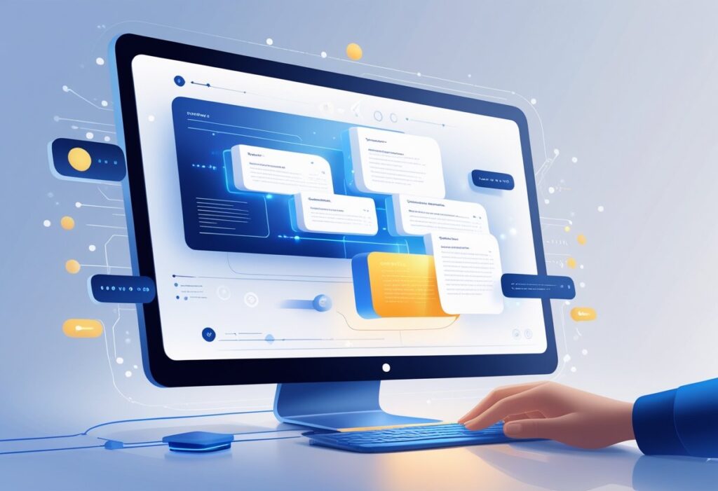 A computer screen showing data streams being condensed into a summary box with a hand interacting with the interface.