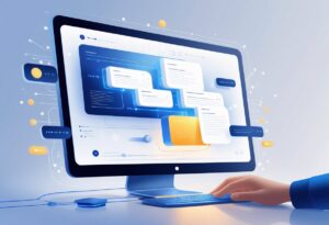A computer screen showing data streams being condensed into a summary box with a hand interacting with the interface.