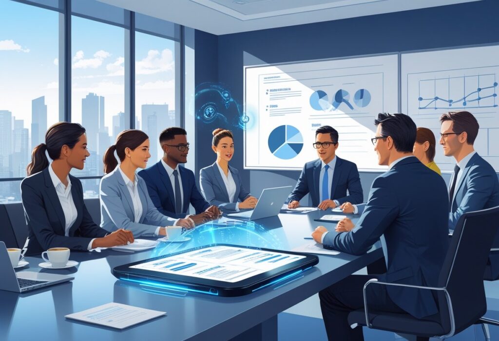 A group of business professionals having a meeting around a table with a digital device showing AI-generated notes.