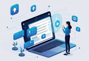 A person using a laptop with floating icons and holographic elements representing AI features in a note-taking workflow.