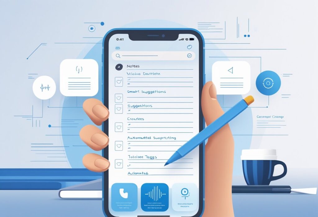 An iPhone displaying a digital note-taking app with organized notes and AI feature icons, placed on a desk with a pen and coffee cup nearby.