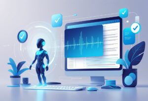 A modern workspace with a computer showing audio waveforms and text being transcribed, accompanied by a glowing digital avatar symbolizing AI accuracy.