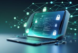 A digital notebook surrounded by holographic shields and padlocks, with floating encrypted code and a network of connected nodes representing secure AI data privacy.