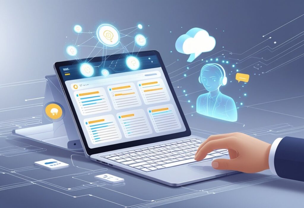 A person using a laptop with floating icons representing AI technology and a holographic assistant helping with note-taking.