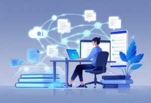 A person working on a laptop surrounded by digital icons and floating notes representing AI-assisted note-taking and organization.