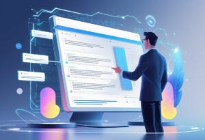 A person interacting with a futuristic computer interface that processes and summarizes streams of text using artificial intelligence, surrounded by digital data visualizations.