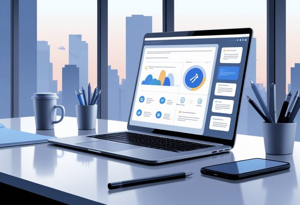 A modern office desk with a laptop showing an abstract AI meeting notes interface, surrounded by office items and a window with a city view.