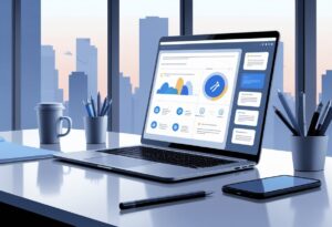 A modern office desk with a laptop showing an abstract AI meeting notes interface, surrounded by office items and a window with a city view.
