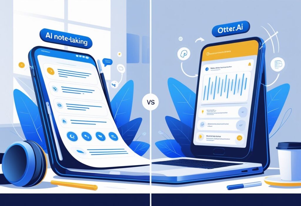 A side-by-side comparison of AI note-taking and Otter.ai, showing a digital notepad with organized text and a device displaying live transcription in a modern office setting.