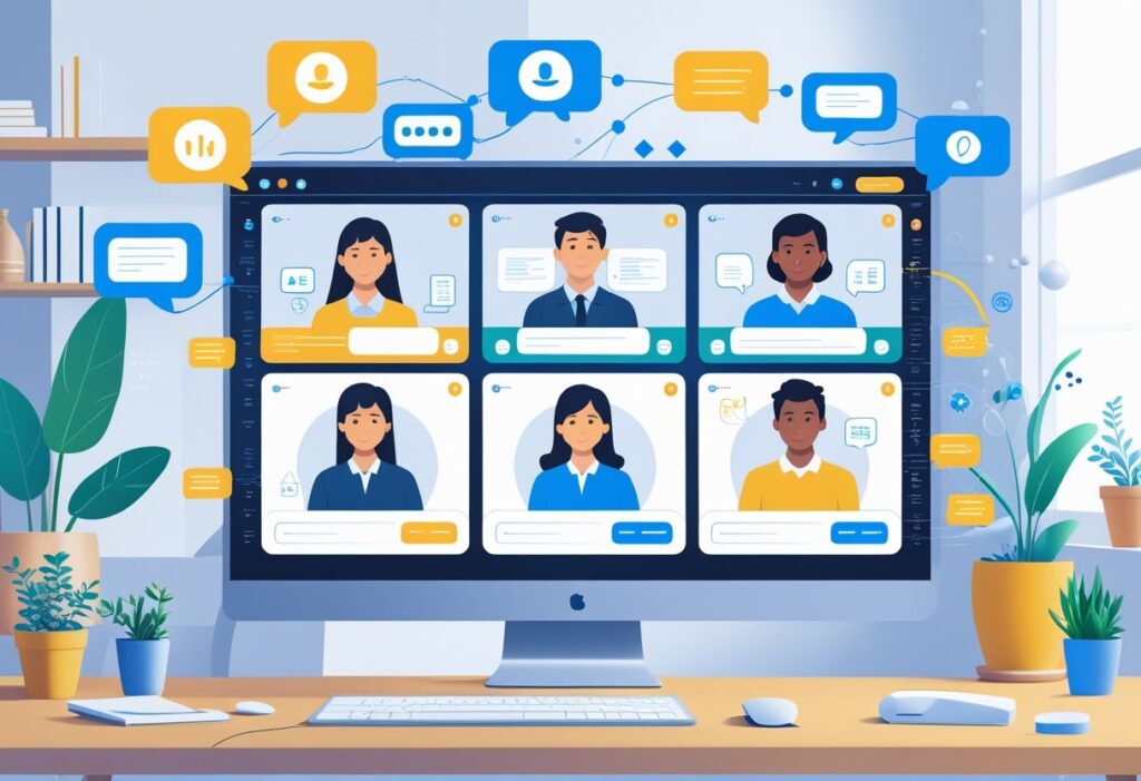 A group of remote team members collaborating via video call with digital notes and AI icons floating around a computer screen in a home office setting.