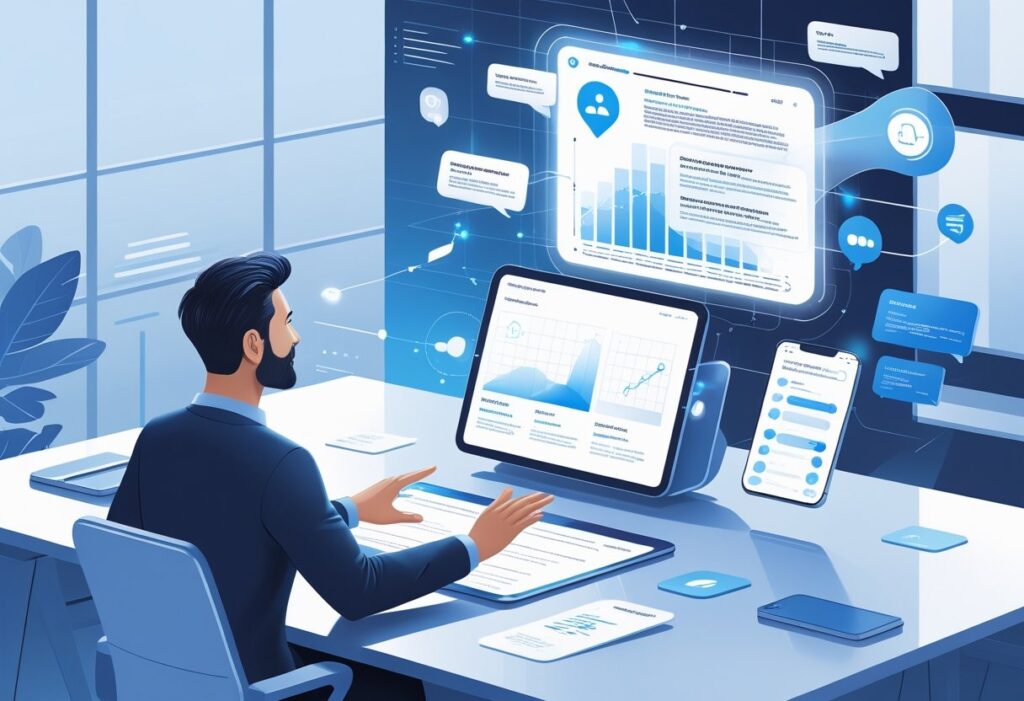 A person interacting with a holographic digital assistant projecting floating notes and data streams above a futuristic tablet in a modern workspace.